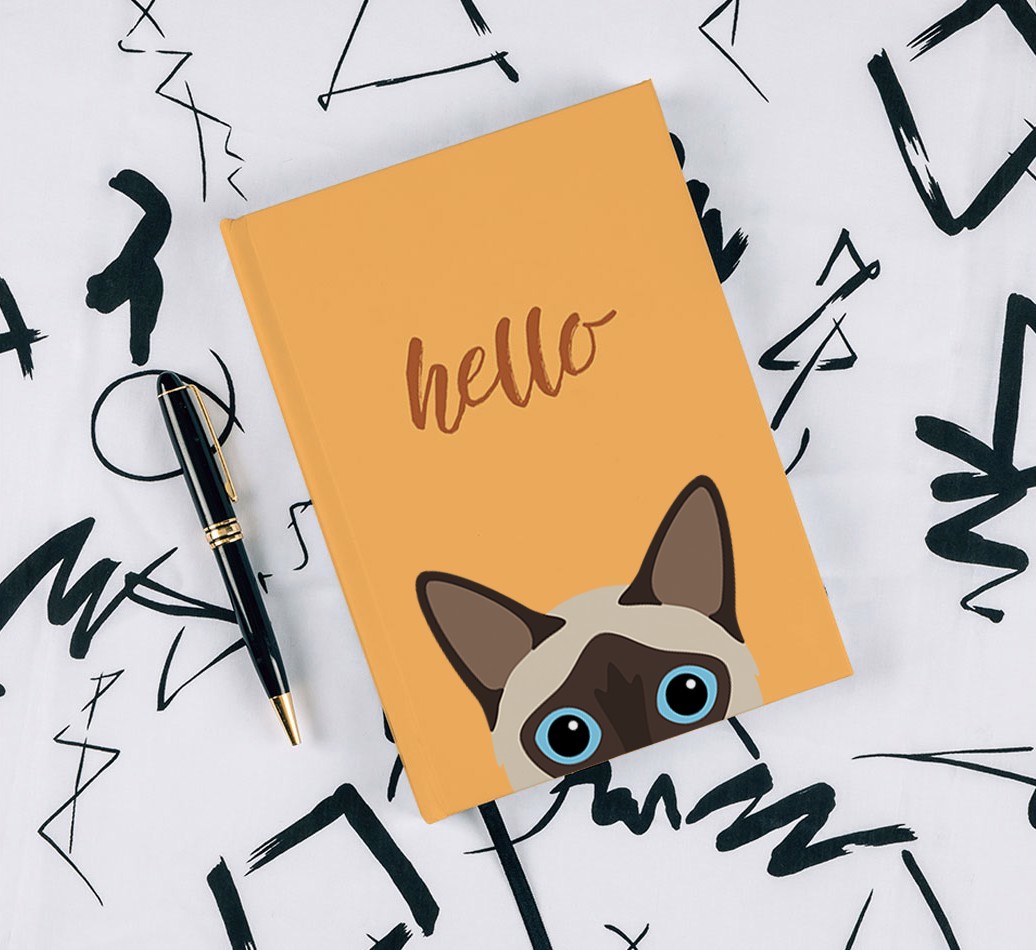 Hello: Personalized {breedFullName} Notebook - with pen on black & white pattern background