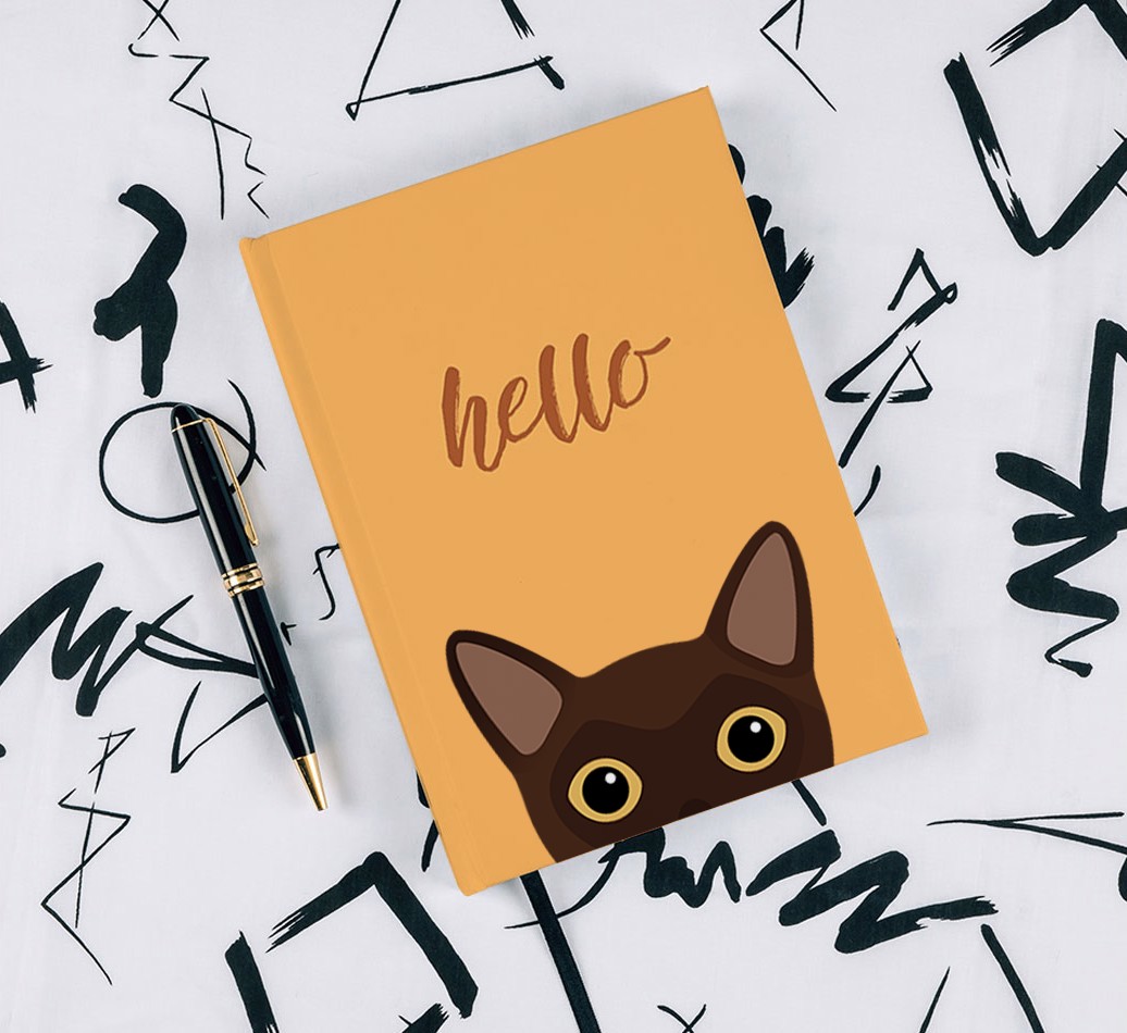 Hello: Personalised {breedCommonName} Notebook - with pen on black & white pattern background