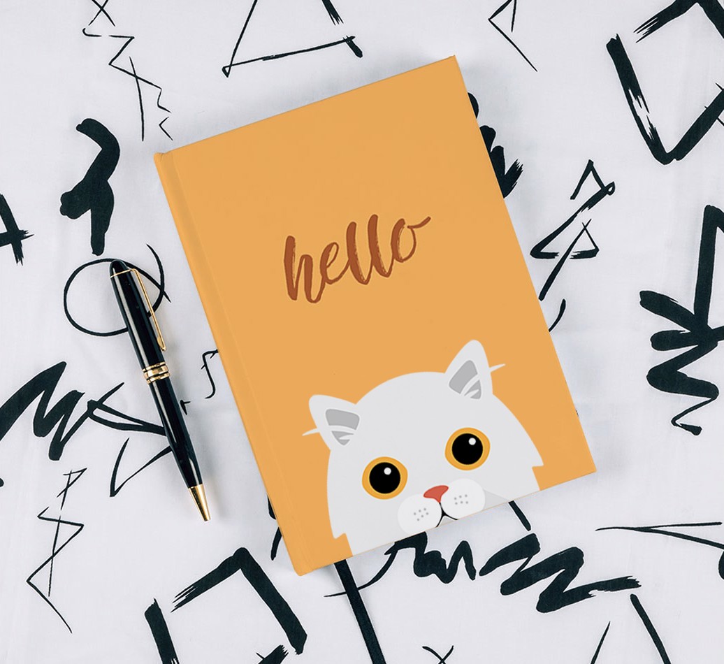 Hello: Personalized {breedFullName} Notebook - with pen on black & white pattern background