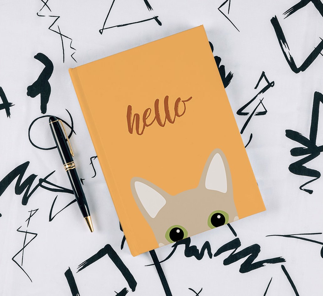 Hello: Personalised {breedCommonName} Notebook - with pen on black & white pattern background