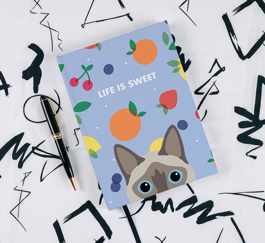 Life Is Sweet: Personalized {breedFullName} Notebook - with pen on black & white pattern background
