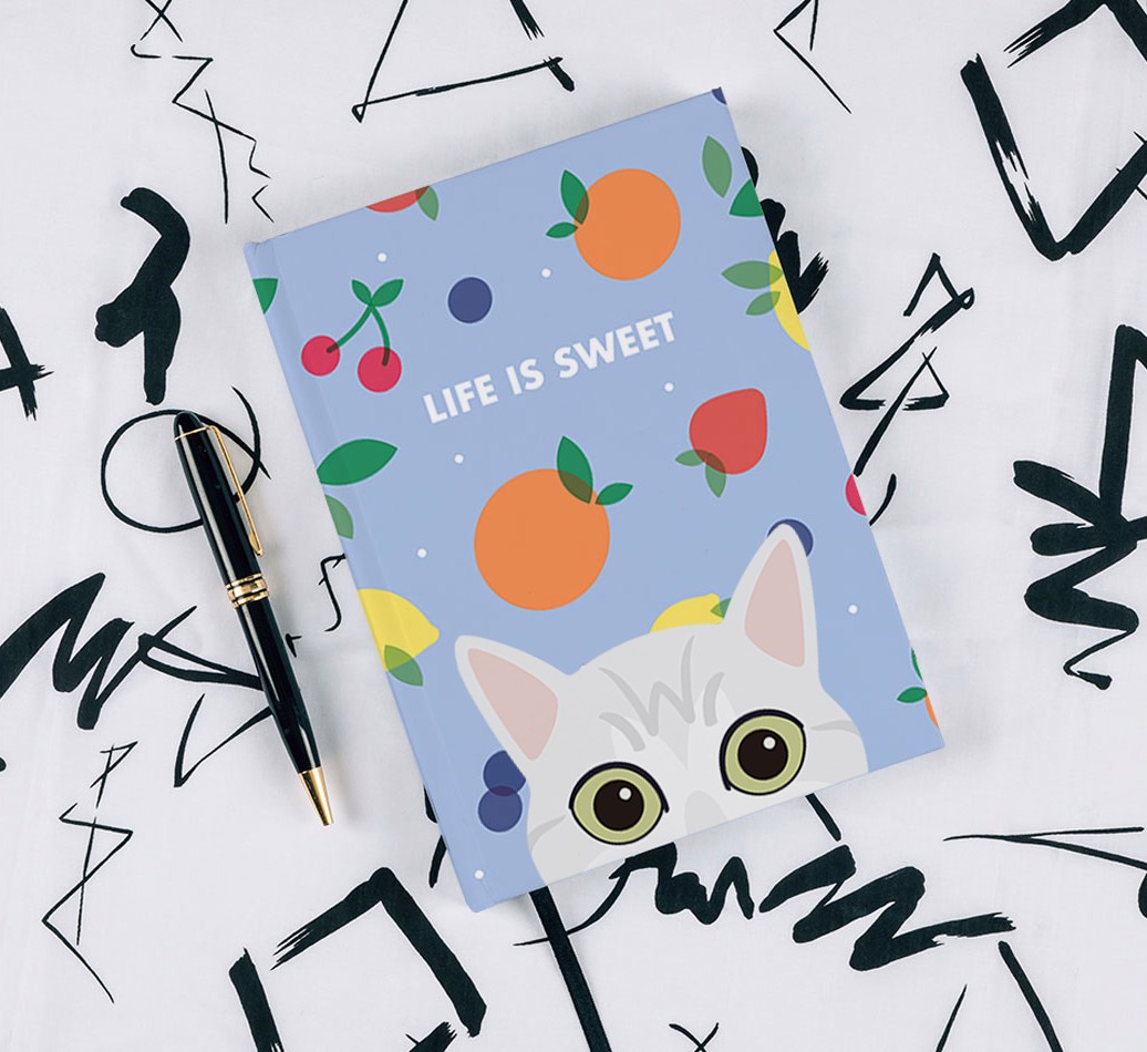 Life Is Sweet: Personalized {breedFullName} Notebook - with pen on black & white pattern background