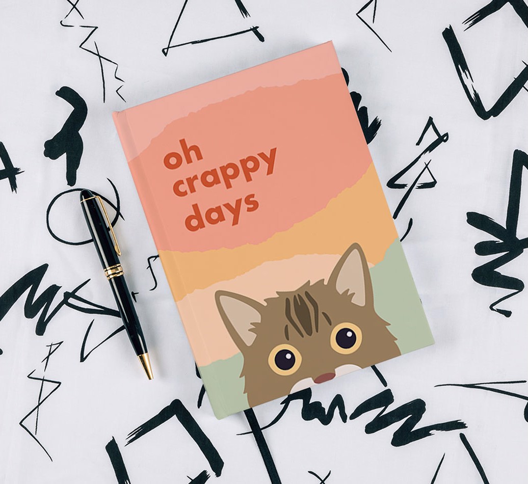 Oh Crappy Days: Personalised {breedCommonName} Notebook - with pen on black & white pattern background