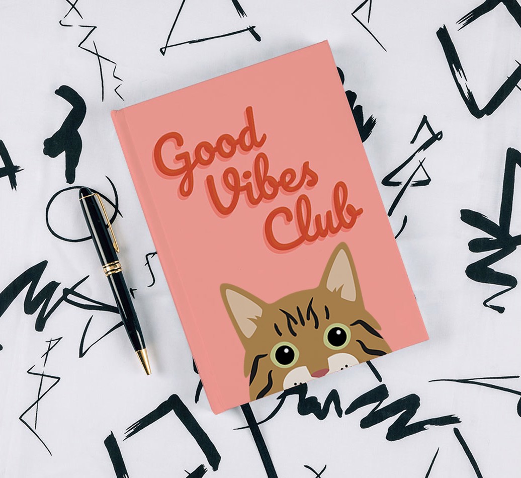 Good Vibes Club: Personalised {breedCommonName} Notebook - with pen on black & white pattern background