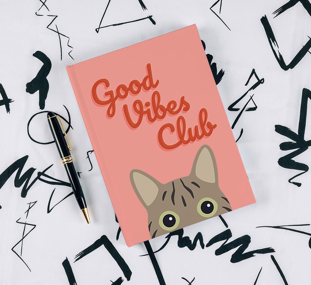 Good Vibes Club: Personalised {breedCommonName} Notebook - with pen on black & white pattern background