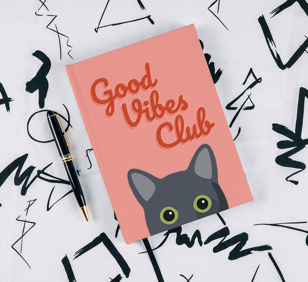 Good Vibes Club: Personalized {breedFullName} Notebook - with pen on black & white pattern background