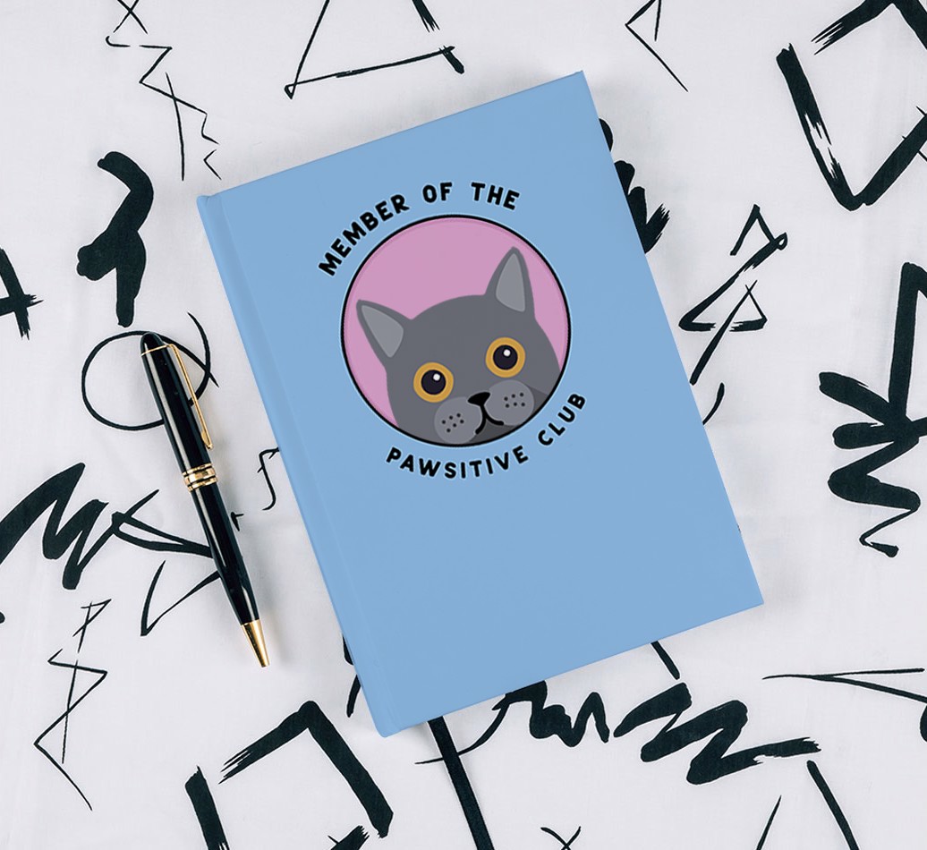 Member of the Pawsitive Club: Personalized {breedFullName} Notebook - with pen on black & white pattern background