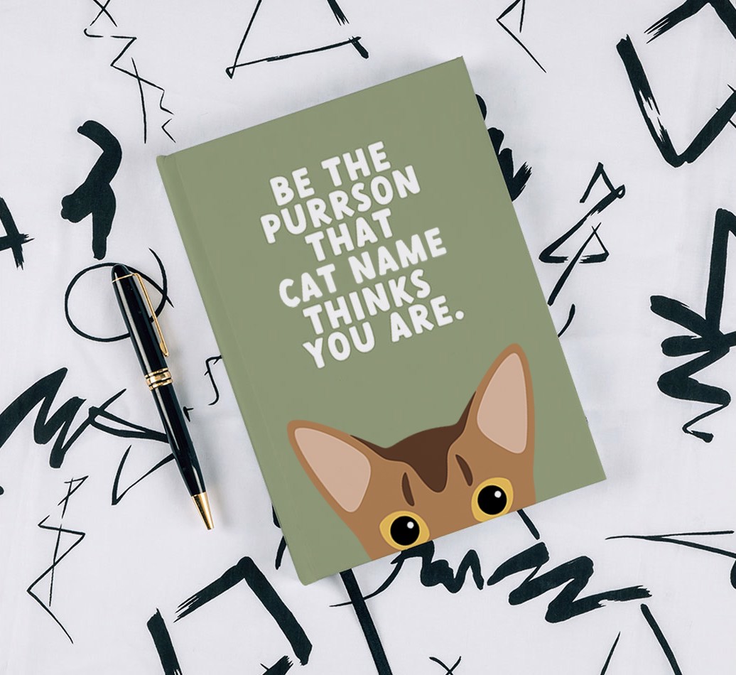 Be The Purrson: Personalized {breedFullName} Notebook - with pen on black & white pattern background
