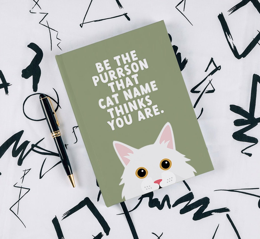 Be The Purrson: Personalized {breedFullName} Notebook - with pen on black & white pattern background