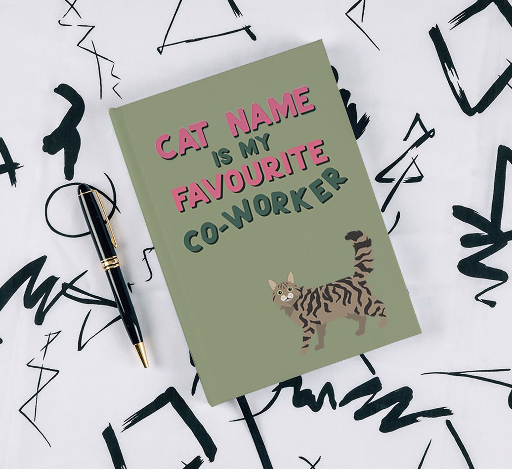 Favourite Co-Worker {breedCommonName} Notebook - with pen on black & white pattern background