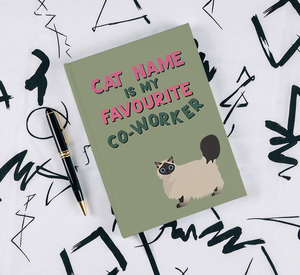 Favourite Co-Worker {breedCommonName} Notebook - with pen on black & white pattern background