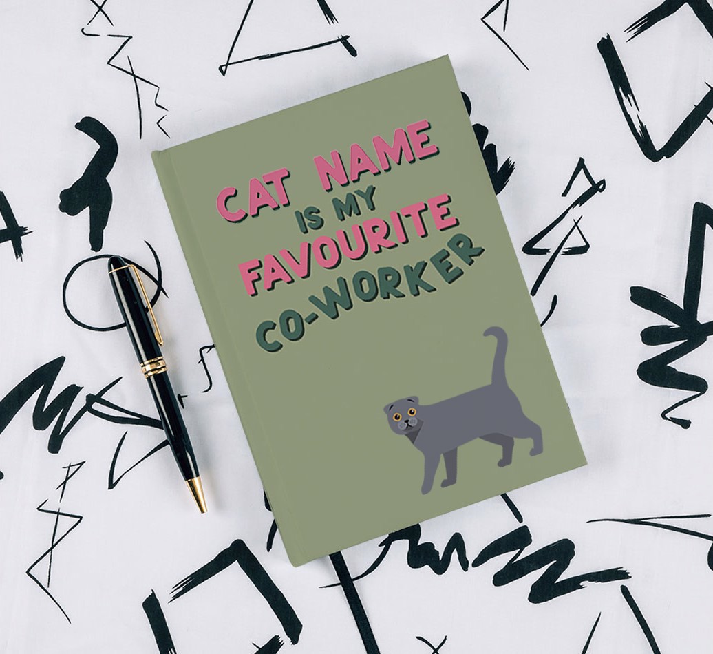 Favourite Co-Worker {breedCommonName} Notebook - with pen on black & white pattern background