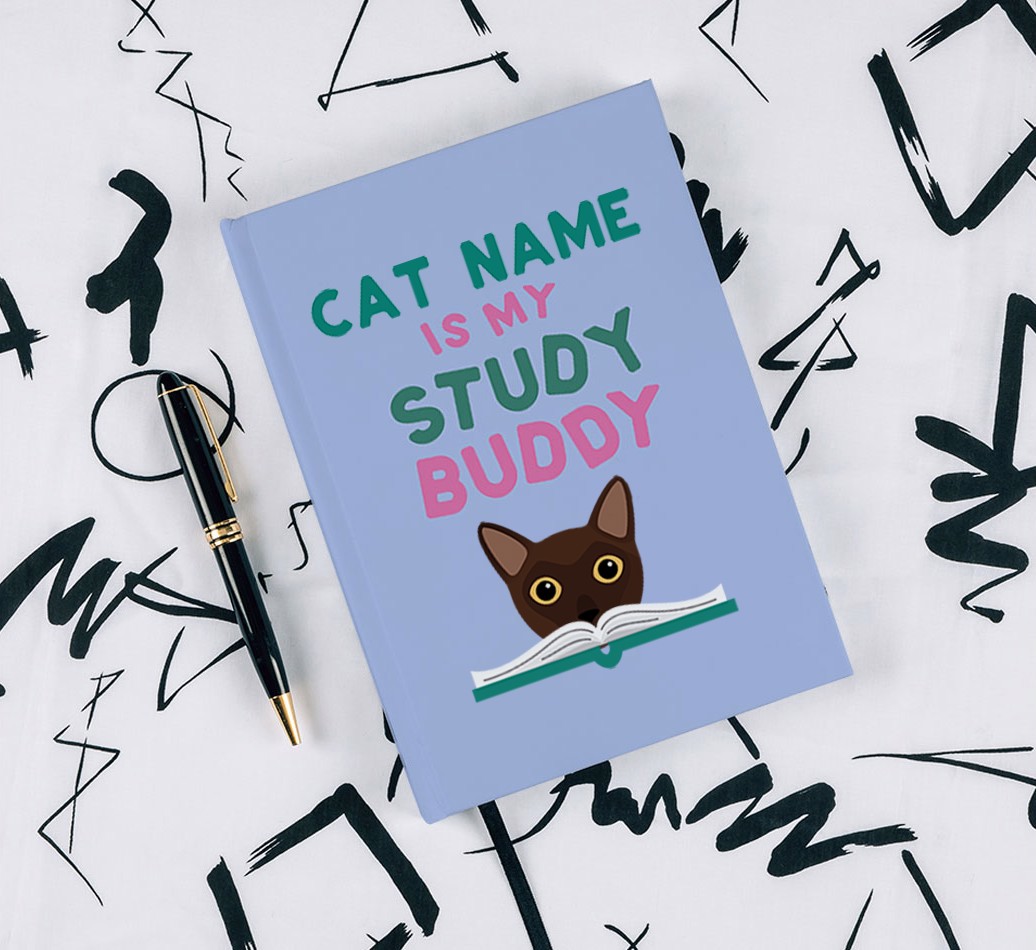 Study Buddy: Personalized {breedFullName} Notebook - with pen on black & white pattern background