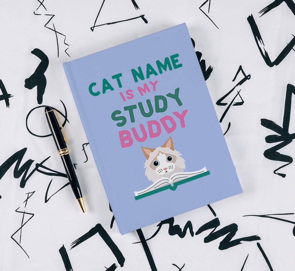 Study Buddy: Personalized {breedFullName} Notebook - with pen on black & white pattern background