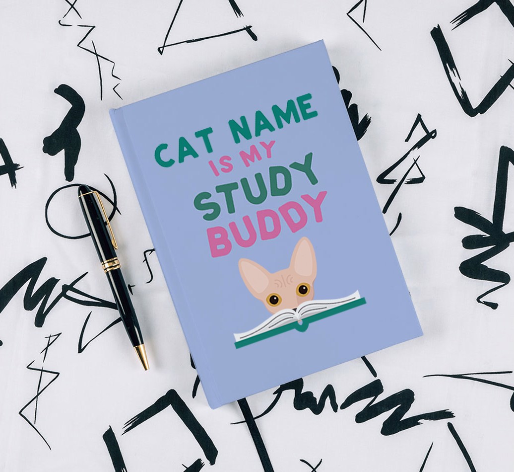 Study Buddy: Personalised {breedCommonName} Notebook - with pen on black & white pattern background