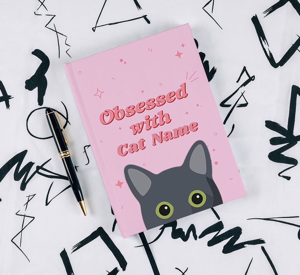 Obsessed With: Personalized {breedFullName} Notebook - with pen on black & white pattern background