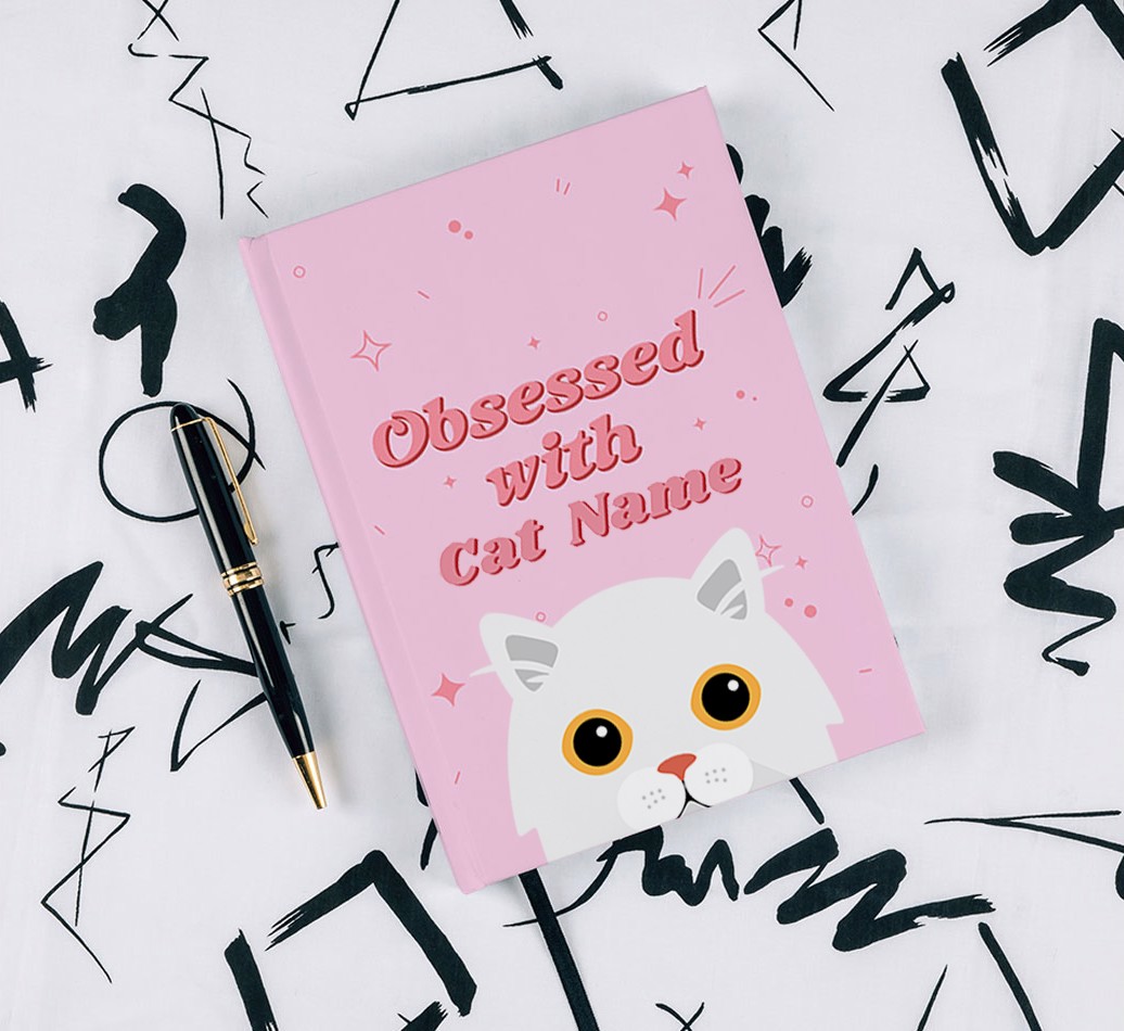 Obsessed With: Personalized {breedFullName} Notebook - with pen on black & white pattern background