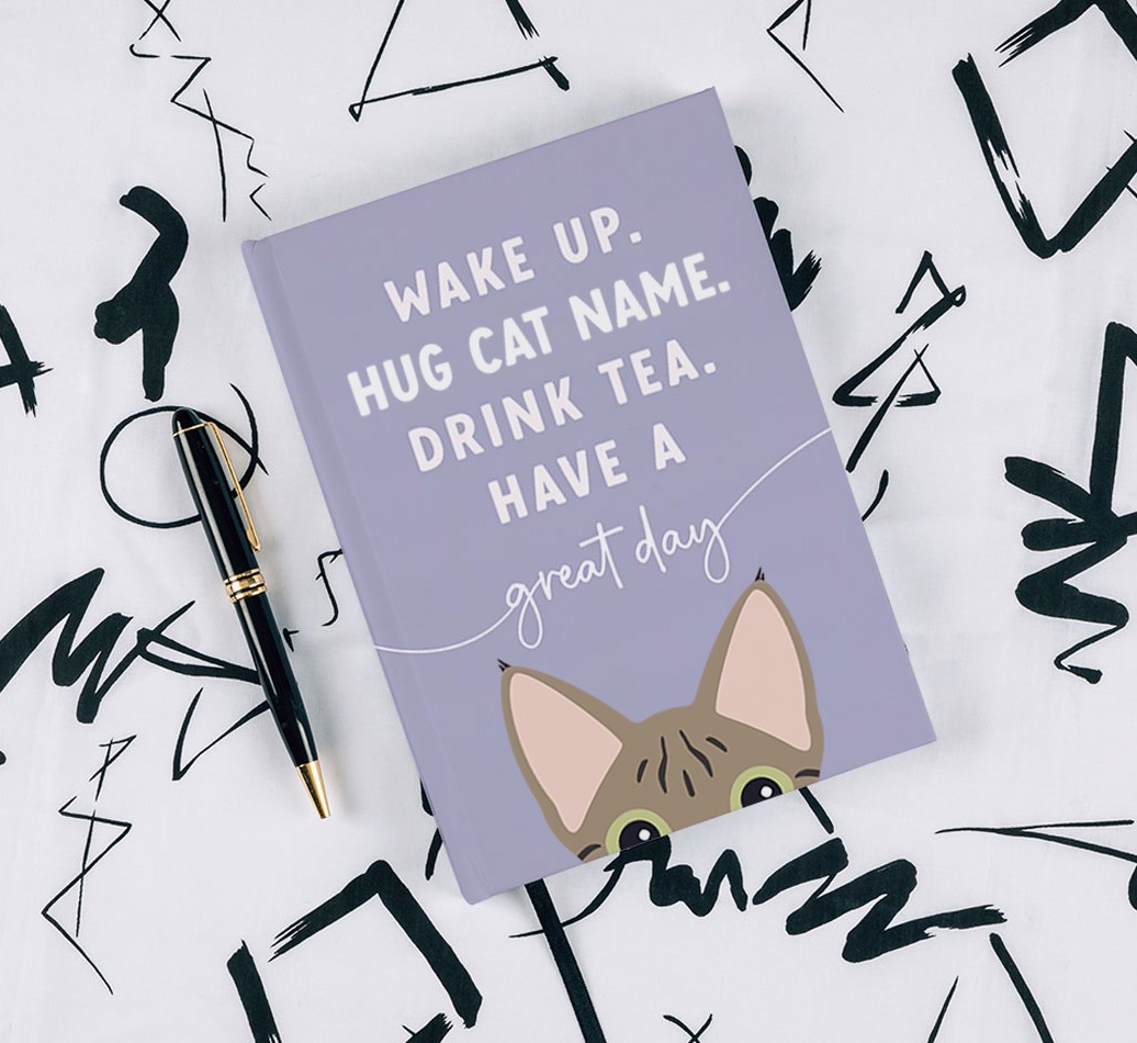 Wake Up: Personalised {breedCommonName} Notebook - with pen on black & white pattern background