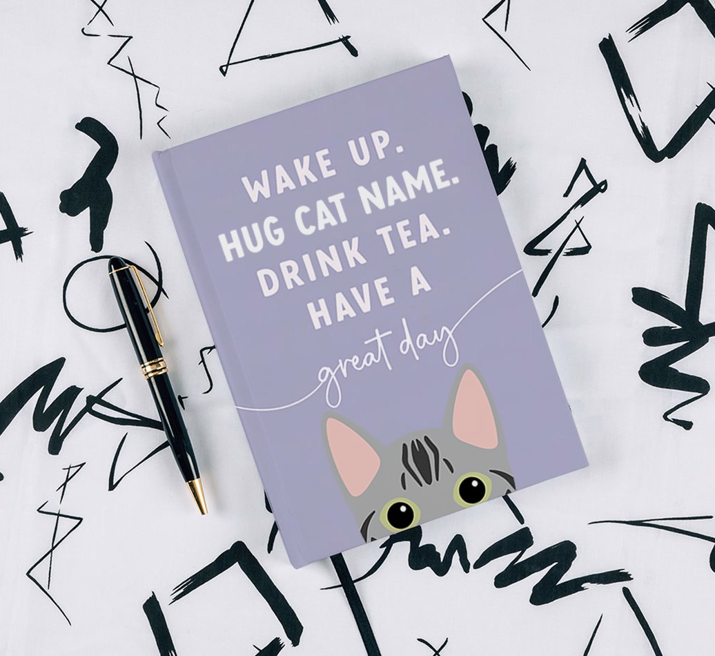 Wake Up: Personalised {breedCommonName} Notebook - with pen on black & white pattern background