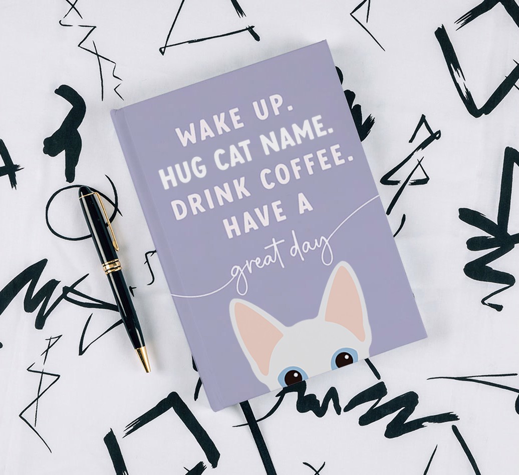 Wake Up: Personalized {breedFullName} Notebook - with pen on black & white pattern background