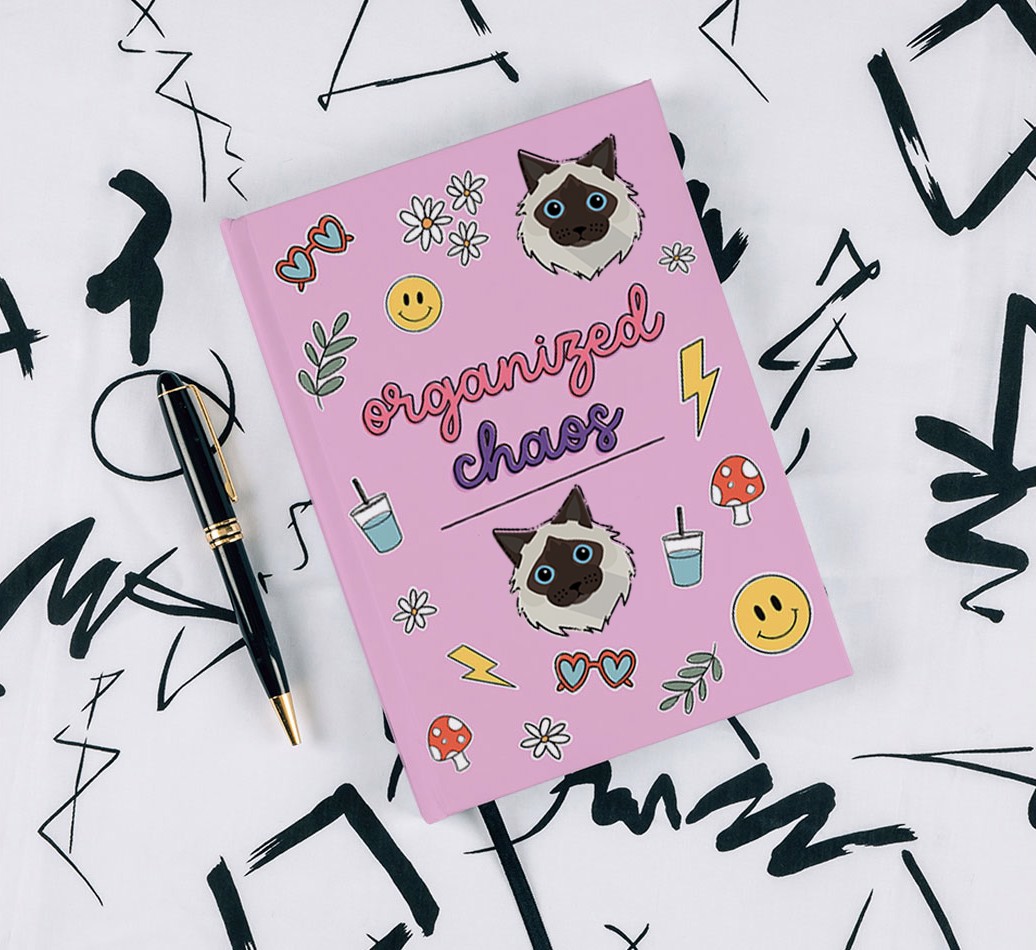 Organised Chaos: Personalized {breedFullName} Notebook - with pen on black & white pattern background