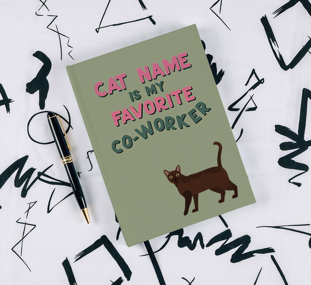 Favorite Co-Worker {breedFullName} Notebook - with pen on black & white pattern background
