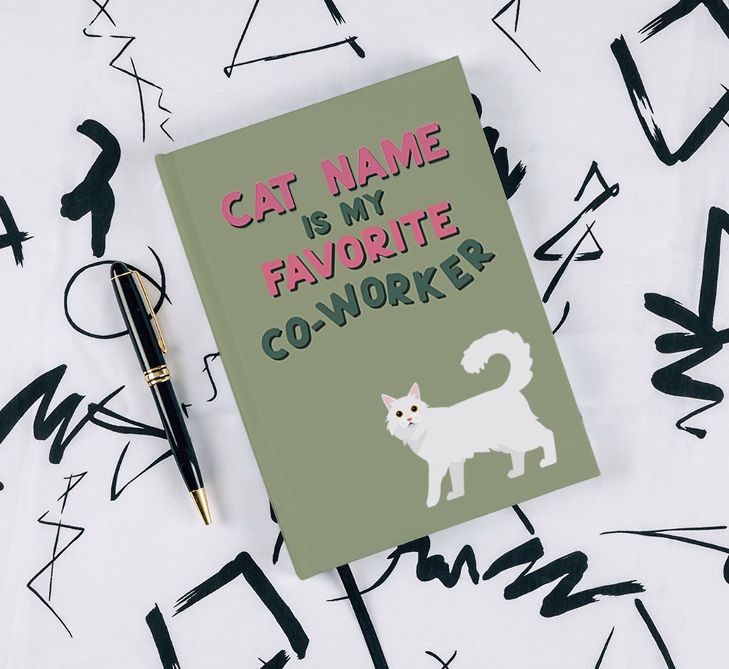 Favorite Co-Worker {breedFullName} Notebook - with pen on black & white pattern background