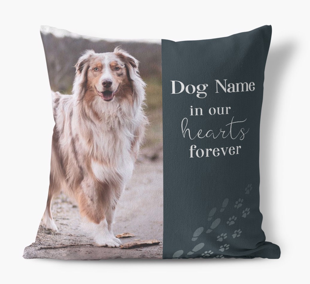 In Our Hearts Forever: {breedFullName} Photo Upload Canvas Cushion - front view