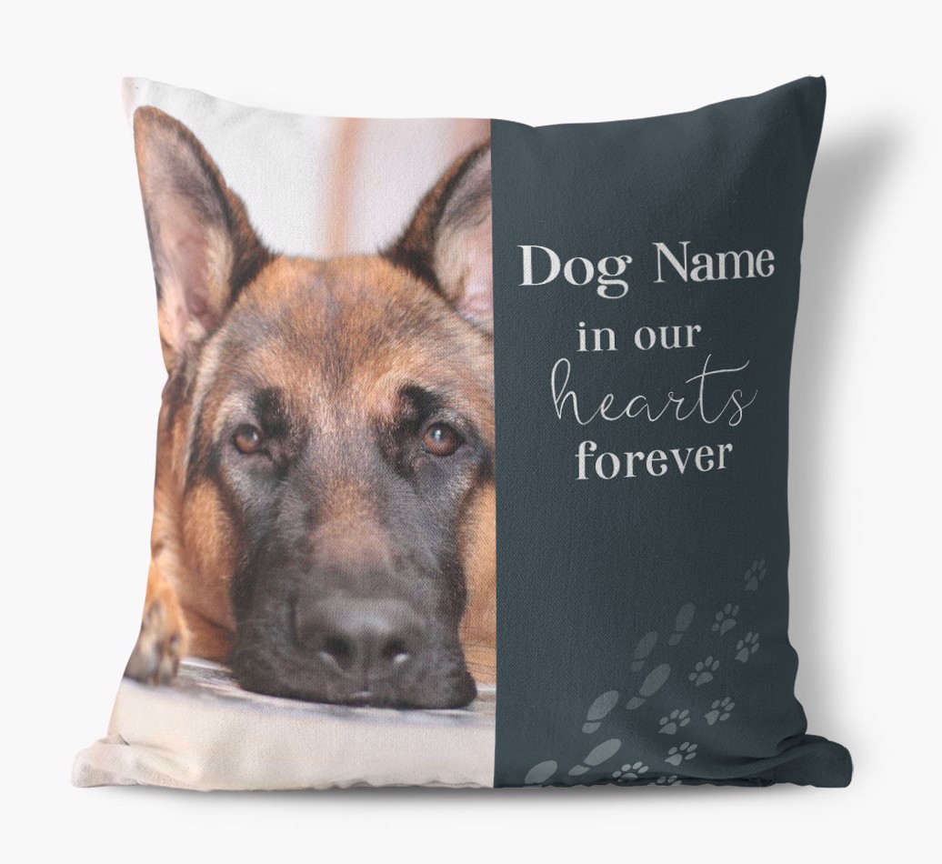 In Our Hearts Forever: {breedFullName} Photo Upload Canvas Pillow - front view