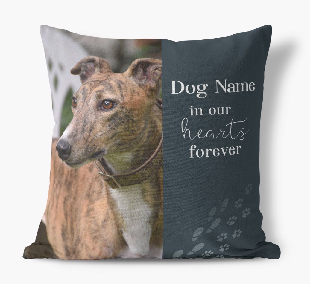In Our Hearts Forever: {breedFullName} Photo Upload Canvas Pillow - front view