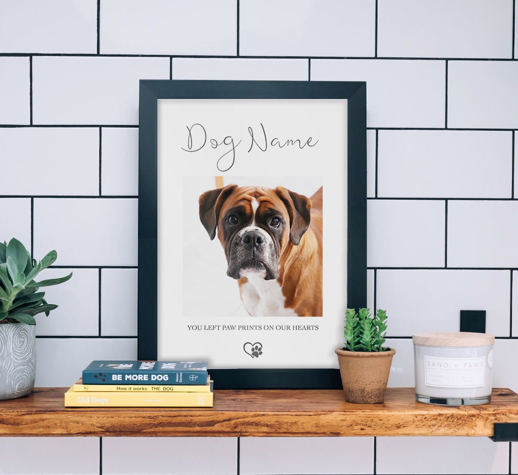 Paw prints on our hearts: {breedFullName} Personalised Photo Upload Framed Print  - black frame lifestyle