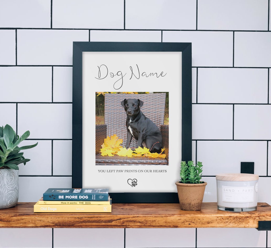 Paw prints on our hearts: {breedFullName} Personalised Photo Upload Framed Print  - black frame lifestyle