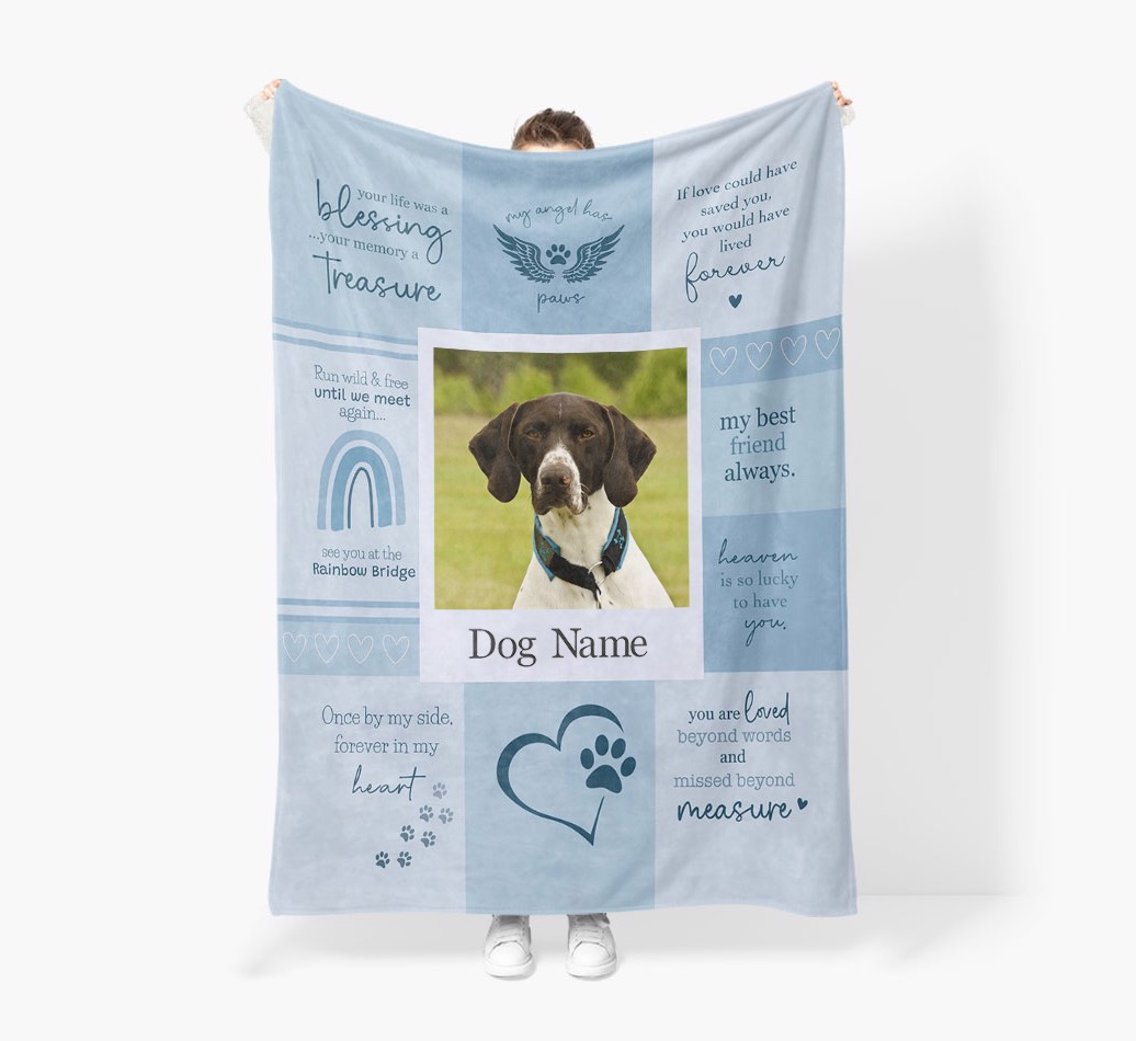 Memorial Quotes: Personalized {breedFullName} Premium Sherpa Fleece Photo Blanket - Held by Person