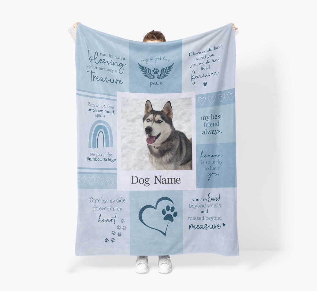 Memorial Quotes: Personalized {breedFullName} Premium Sherpa Fleece Photo Blanket - Held by Person