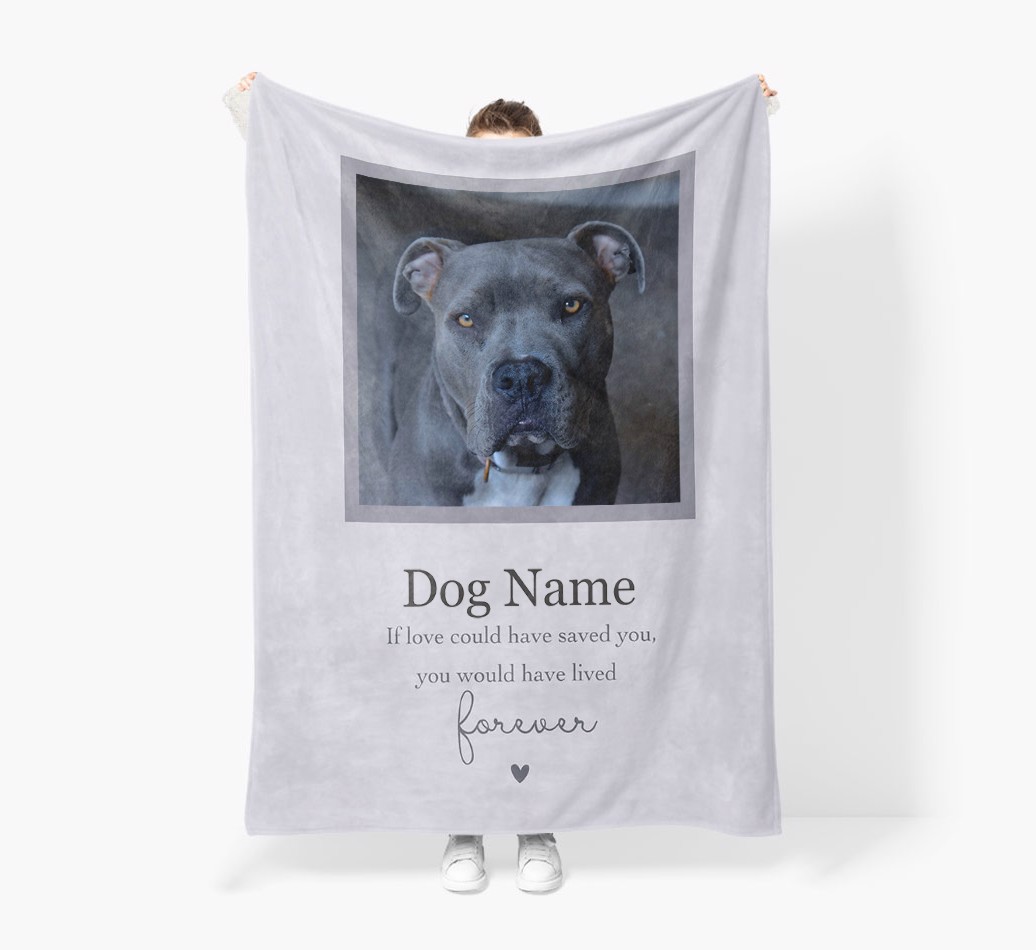 Lived Forever: Personalized {breedFullName} Premium Sherpa Fleece Photo Blanket - Held by Person