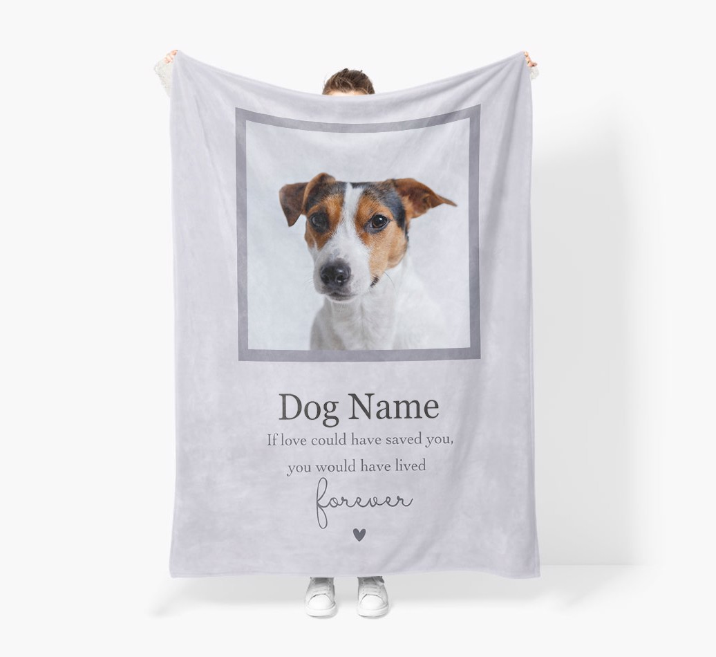 Lived Forever: Personalized {breedFullName} Premium Sherpa Fleece Photo Blanket - Held by Person