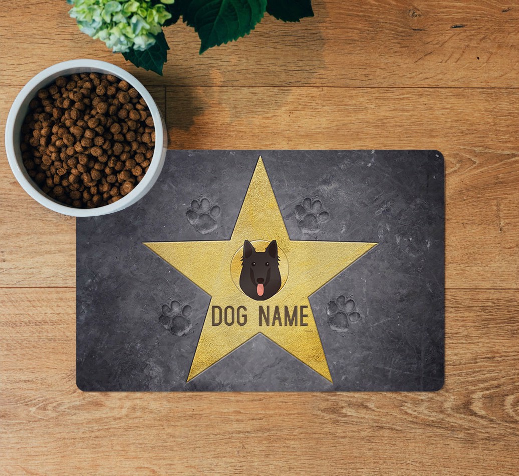 Star of Fame: Personalized {breedFullName} Feeding Mat - layed flat on wooden floor with bowl