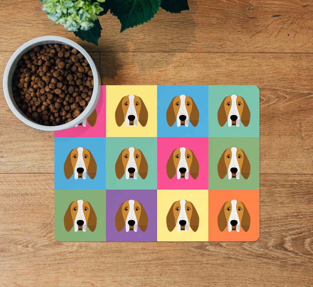 Icon Pattern: Personalised {breedFullName} Feeding Mat - layed flat on wooden floor with bowl