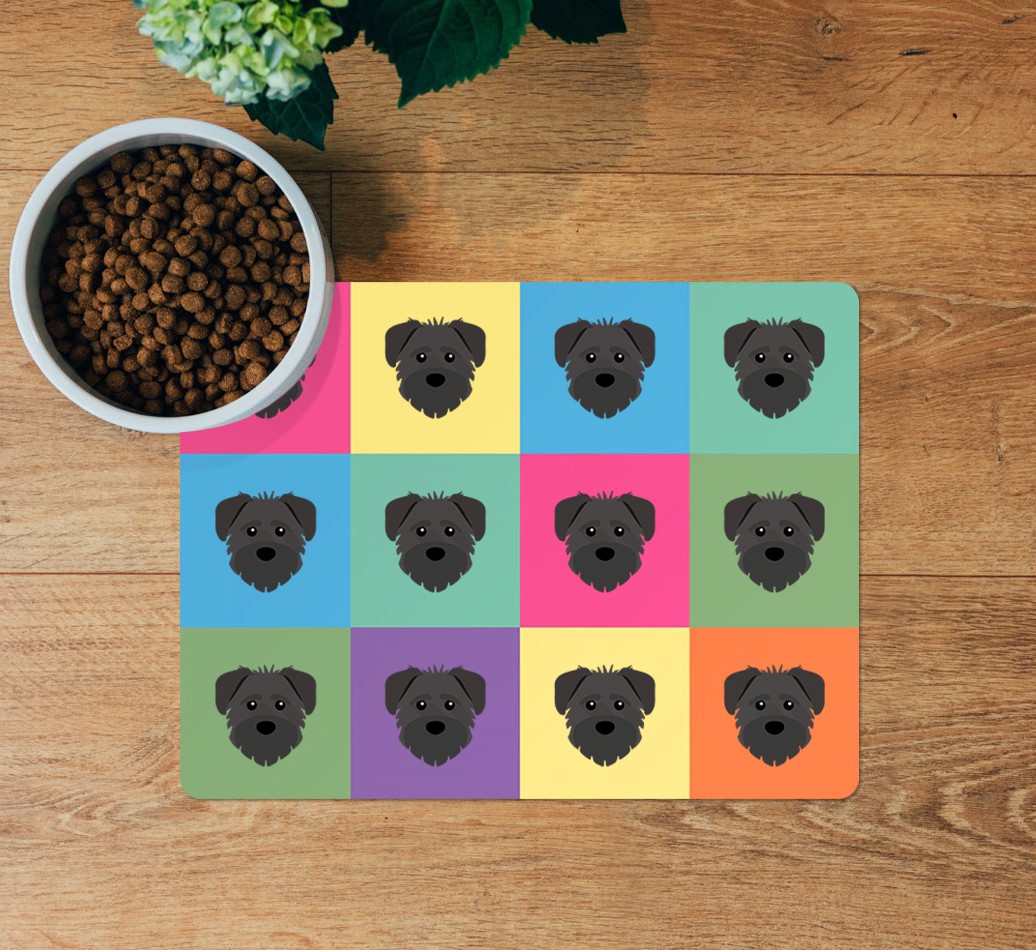 Icon Pattern: Personalised {breedFullName} Feeding Mat - layed flat on wooden floor with bowl