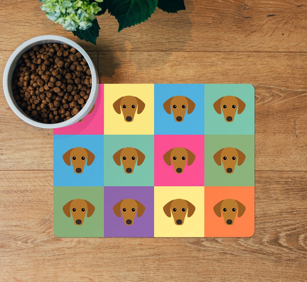 Icon Pattern: Personalised {breedFullName} Feeding Mat - layed flat on wooden floor with bowl