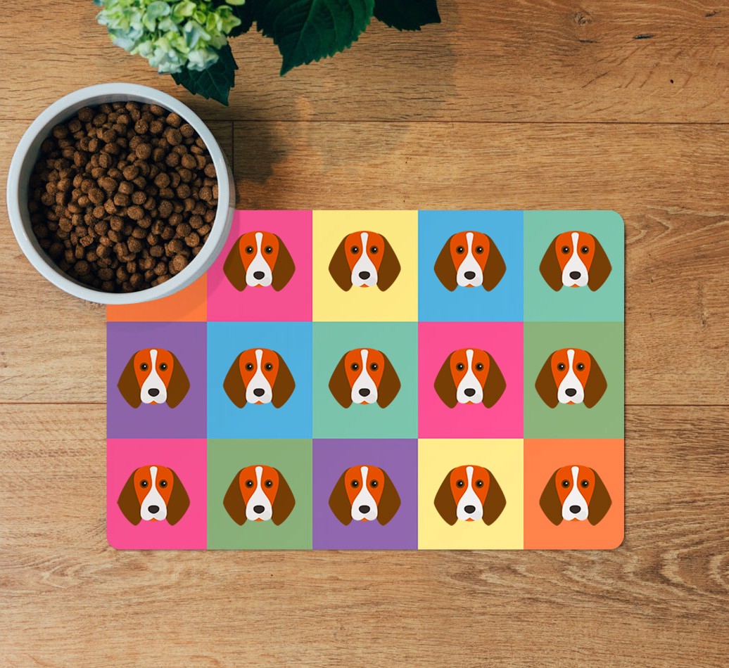 Icon Pattern: Personalized {breedFullName} Feeding Mat - layed flat on wooden floor with bowl