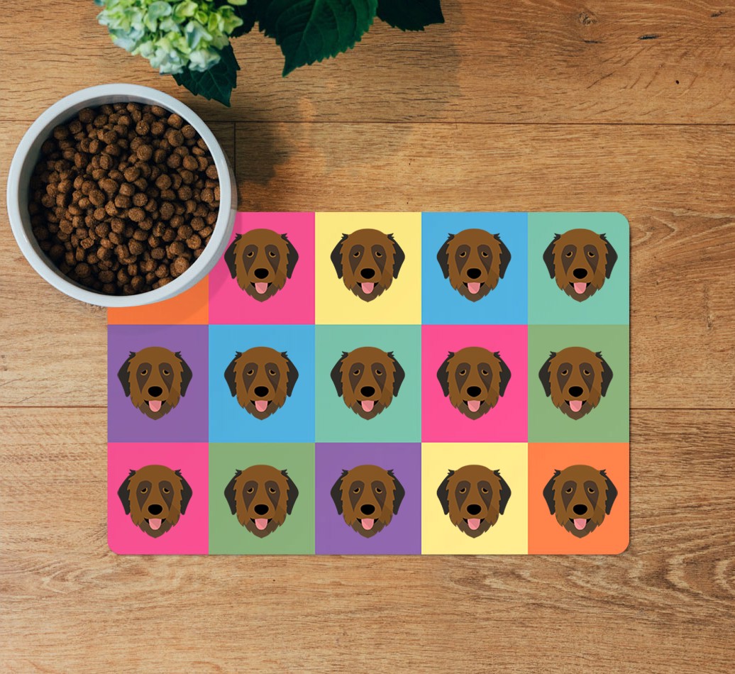 Icon Pattern: Personalized {breedFullName} Feeding Mat - layed flat on wooden floor with bowl