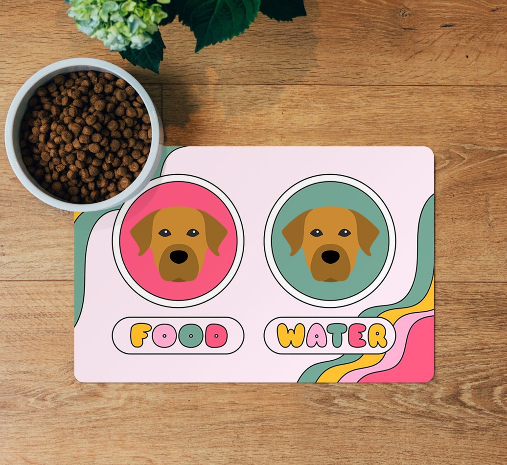 Rainbow Waves: Personalized {breedFullName} Feeding Mat - layed flat on wooden floor with bowl