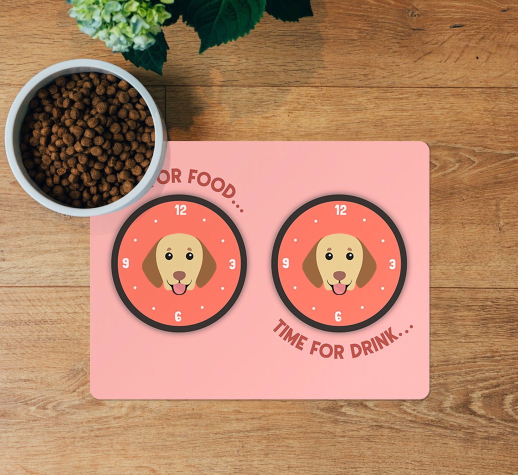 Time For...: Personalised {breedFullName} Feeding Mat - layed flat on wooden floor with bowl