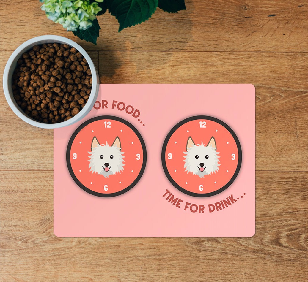 Time For...: Personalised {breedFullName} Feeding Mat - layed flat on wooden floor with bowl