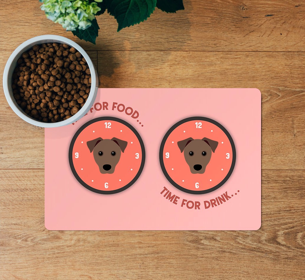 Time For...: Personalized {breedFullName} Feeding Mat - layed flat on wooden floor with bowl