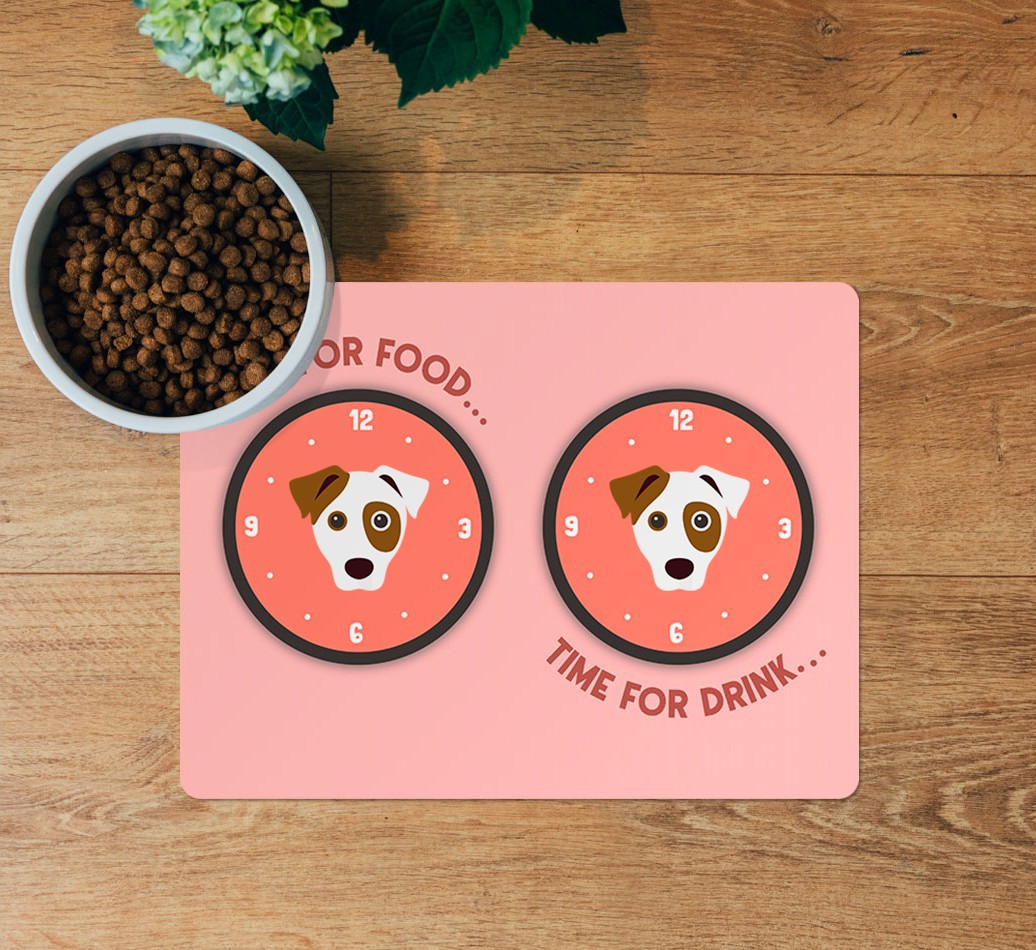 Time For...: Personalised {breedFullName} Feeding Mat - layed flat on wooden floor with bowl