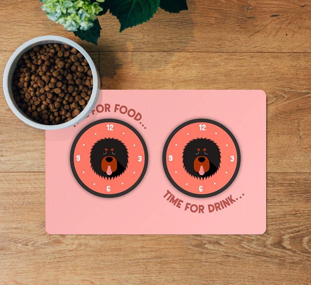 Time For...: Personalized {breedFullName} Feeding Mat - layed flat on wooden floor with bowl