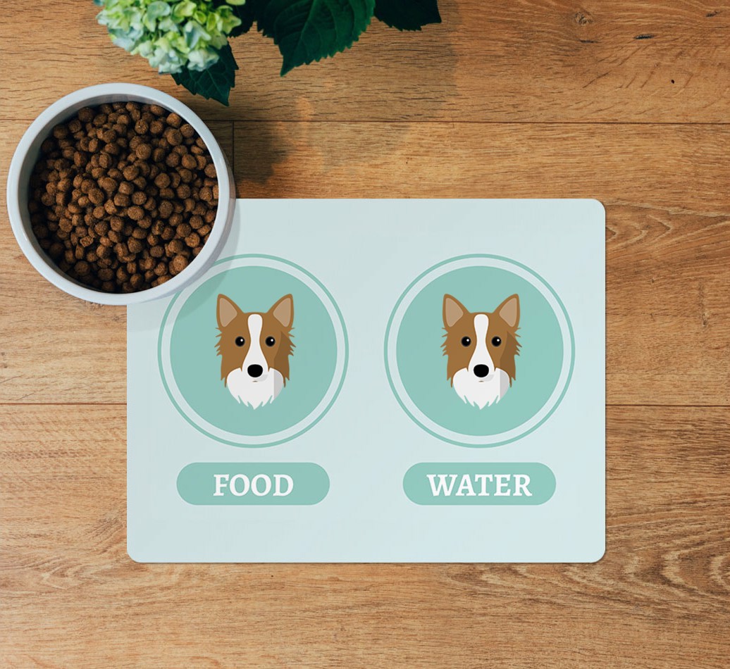 Yappicons: Personalised {breedFullName} Feeding Mat - layed flat on wooden floor with bowl