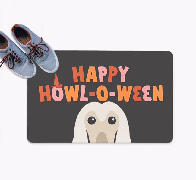 Happy Howl-O-Ween: Personalized {breedFullName} Doormat